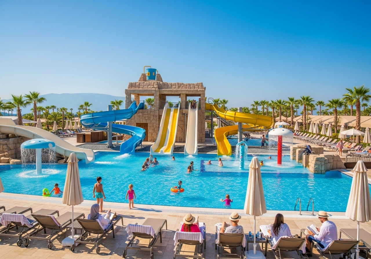 Exciting water park slides and splash pools at a luxury family-friendly hotel in Antalya