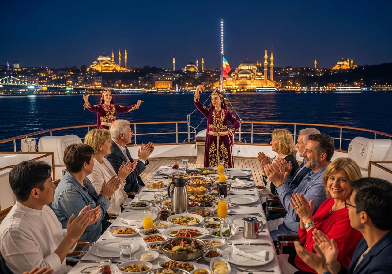 Un dîner-croisière élégant sur le Bosphore à Istanbul de nuit, avec la vue spectaculaire sur les palais ottomans et le pont illuminé.