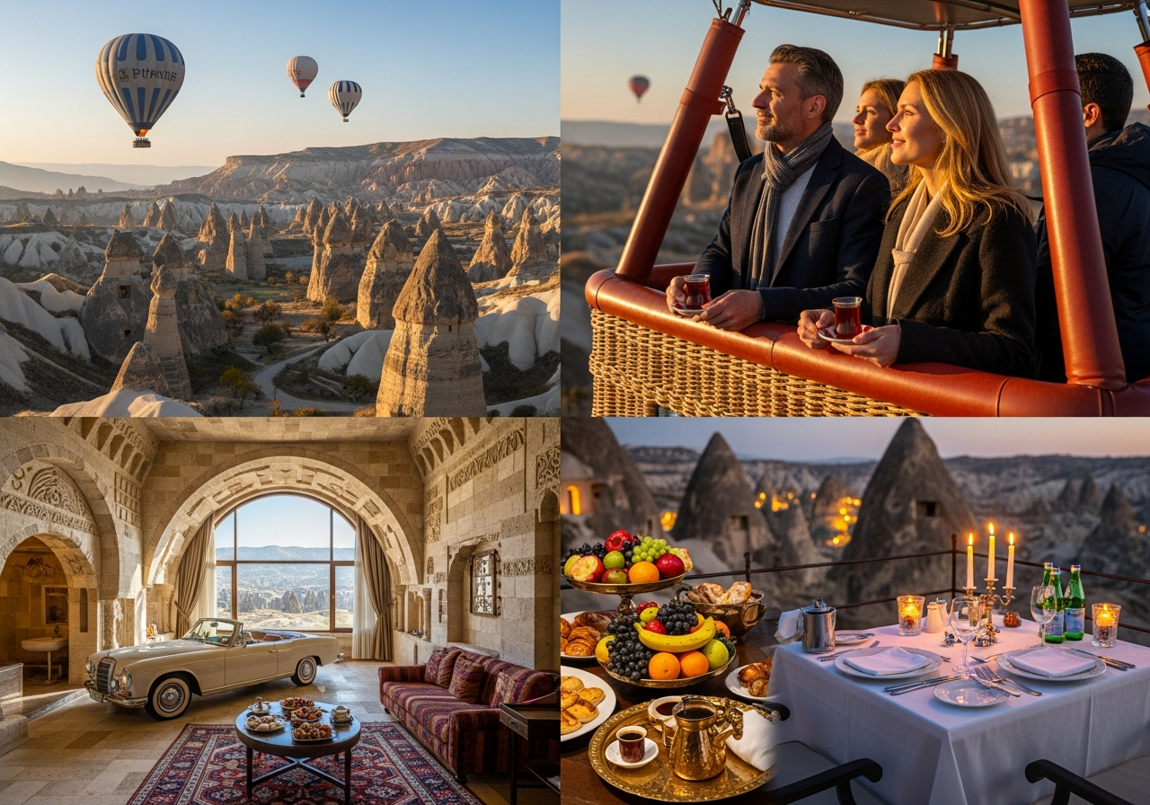 Stunning view of hot air balloons floating over the fairy chimneys of Cappadocia during a romantic honeymoon sunrise.