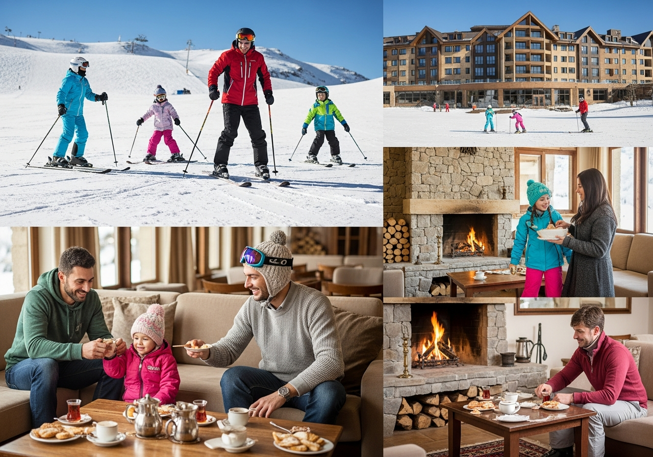 عائلة تستمتع بالتزلج في أحد منتجعات تركيا الشتوية الفاخرة