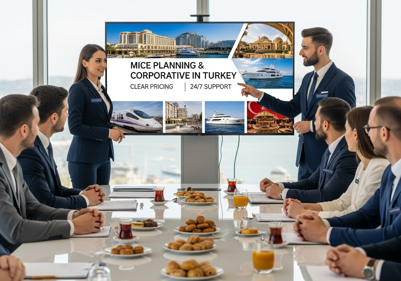 مجموعة من رجال الأعمال يستمتعون برحلة جماعية منظمة في تركيا، مثال على عروض سفر المجموعات والشركات