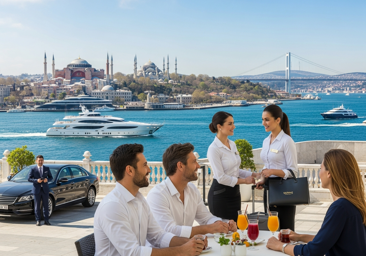 Luxury hotel room with a panoramic window view of the Bosphorus Strait in a 5-star Istanbul hotel