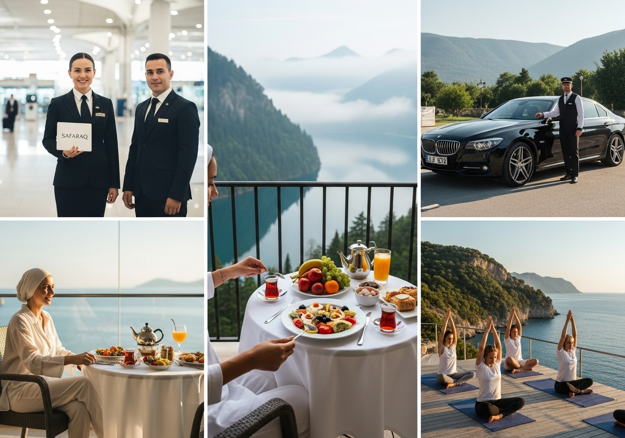 منظر بانورامي لمنتجع صحي فاخر في تركيا يضم مرافق سبا، مسبح، ومناظر طبيعية خلابة، مثالي للاسترخاء وتجديد الحيوية.