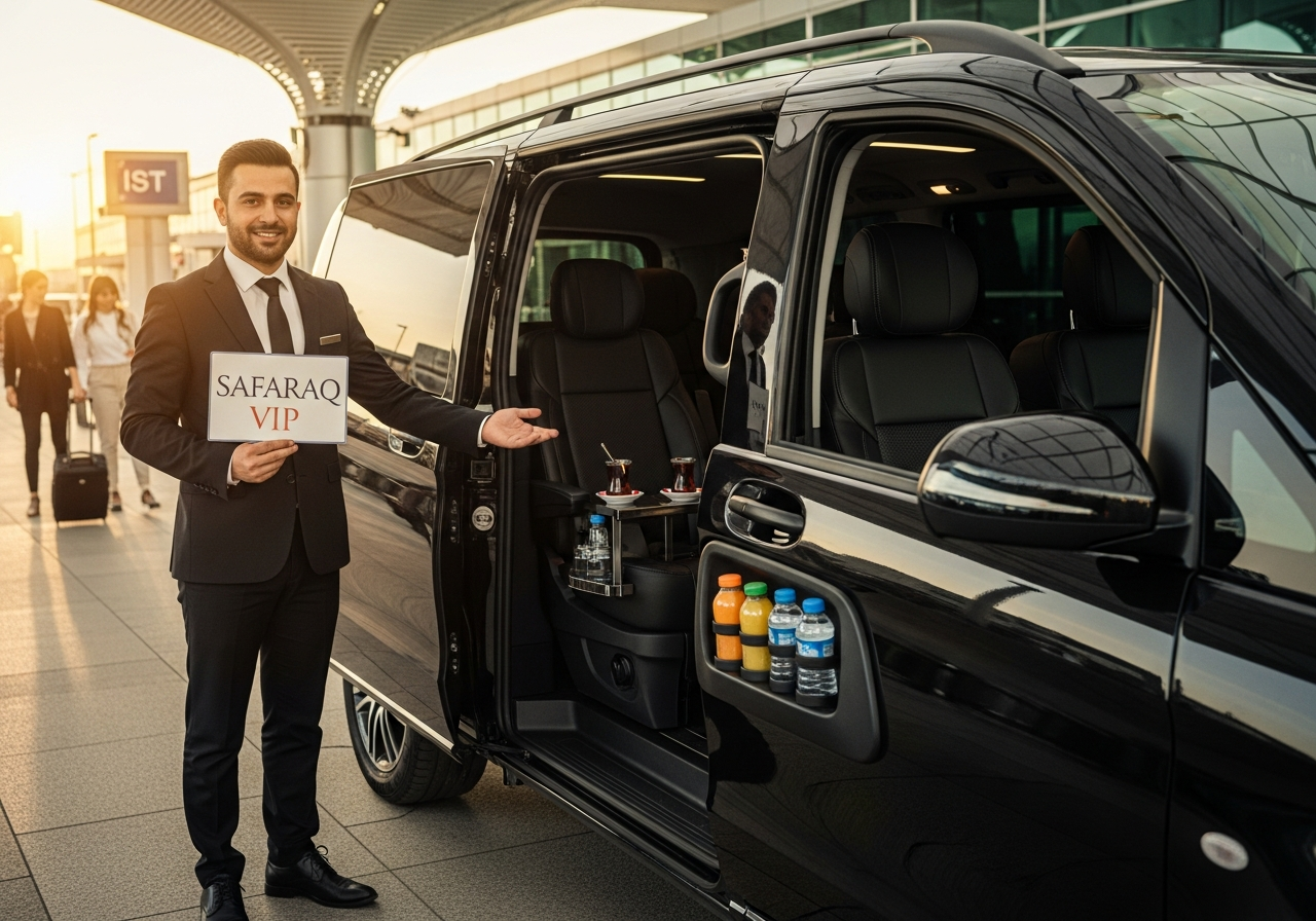 Mercedes Vito noir de luxe avec chauffeur privé pour des visites VIP à Istanbul, service par Safaraq Tourisme