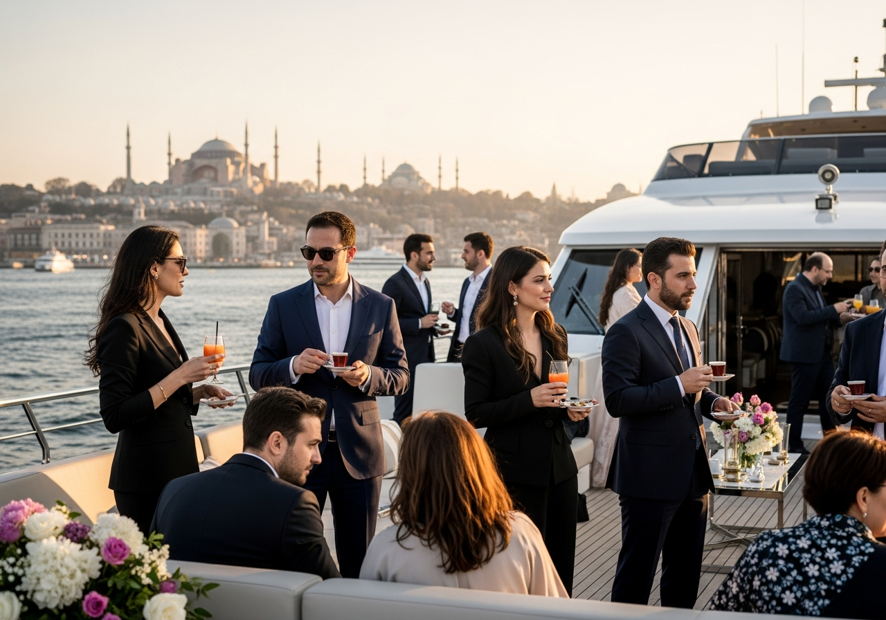 A beautifully set table for a luxury private event, showcasing VIP event planning in Turkey.