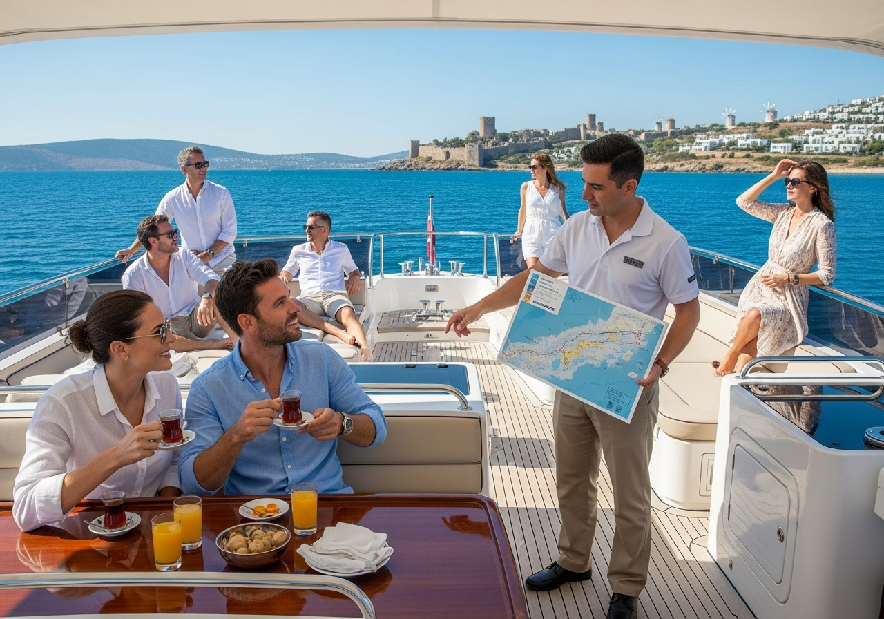 Luxury private yacht navigating the turquoise waters of Bodrum, Turkish Riviera