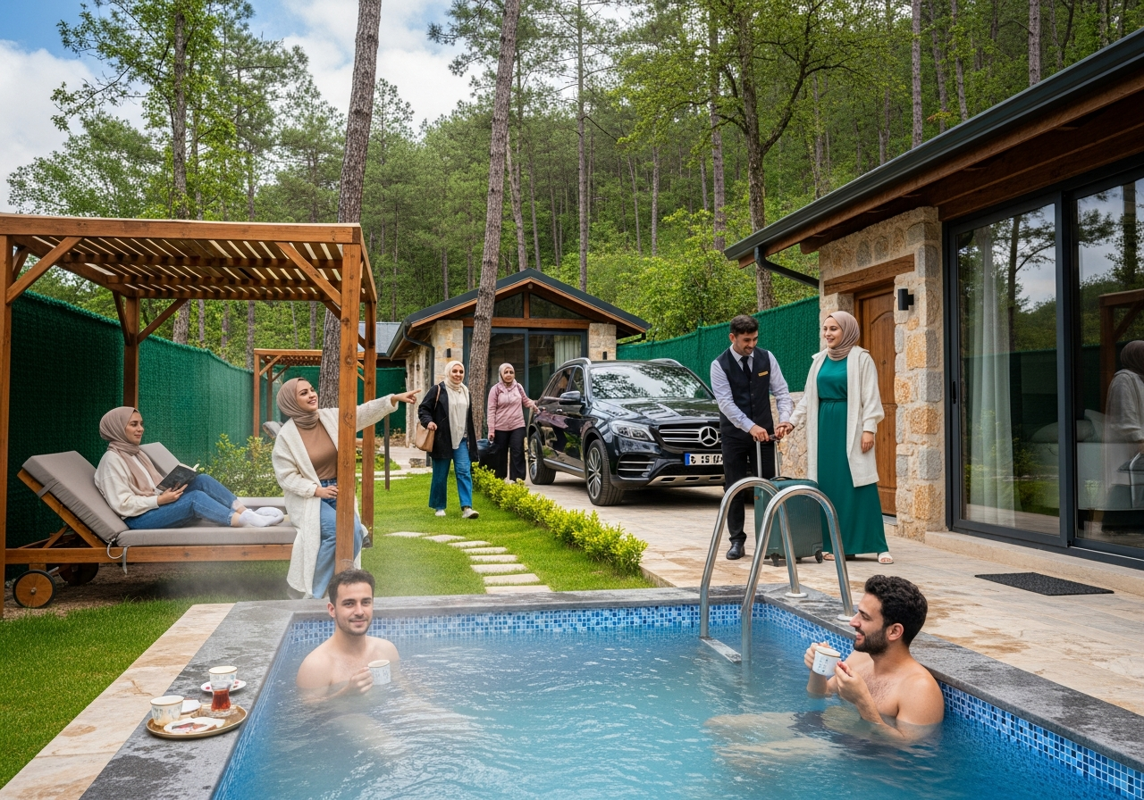 Luxury wooden cabin in Sapanca with a private pool and jacuzzi nestled in a lush green forest.
