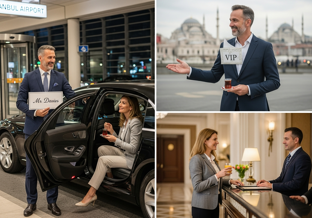 A professional tour guide welcoming a family at Istanbul airport next to a VIP Mercedes van