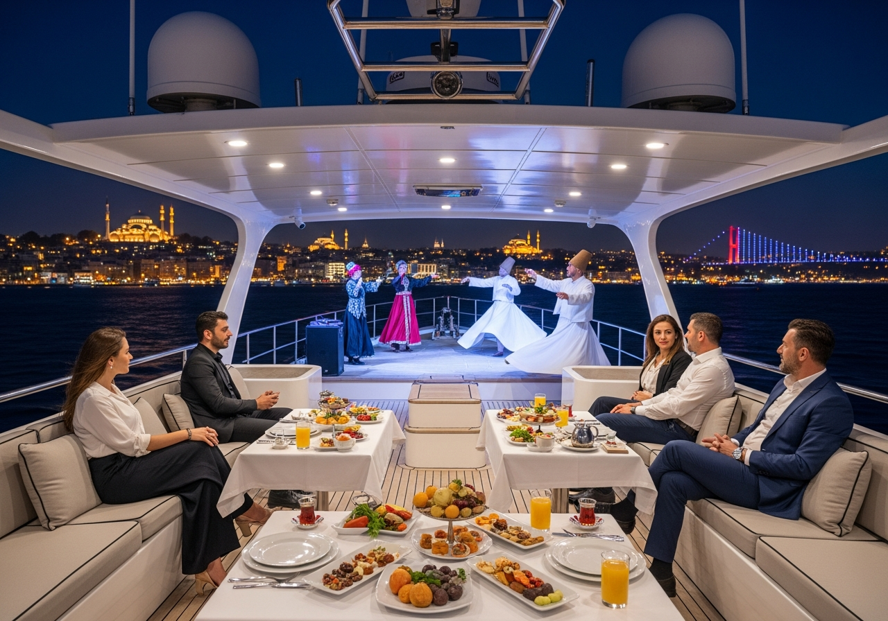 Attractions touristiques Istanbul la nuit, vues nocturnes du Bosphore, monuments illuminés de la ville