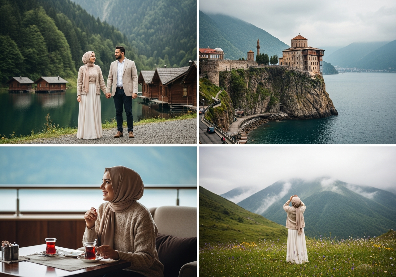 زوجان يستمتعان بإطلالة بحيرة أوزنجول ضمن بكج شهر عسل طرابزون 7 ايام