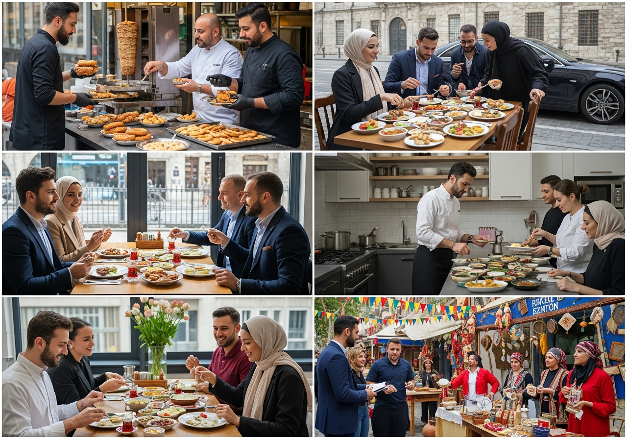 A vibrant spread of authentic Turkish dishes and mezes on a table, showcasing a luxury culinary tour in Istanbul.