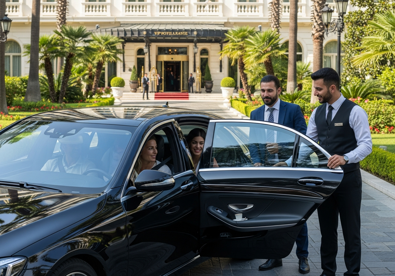 A luxury black Mercedes Vito van used for VIP hotel transfers, waiting for clients in Turkey