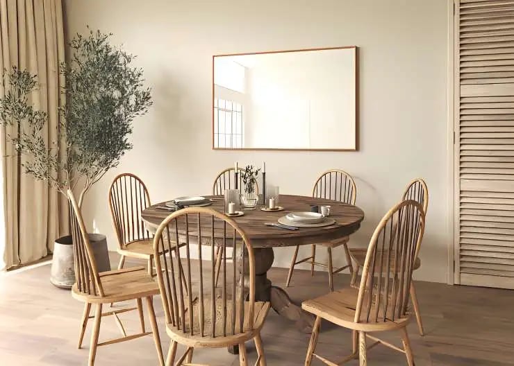Farmhouse beige dining room interior with furniture
