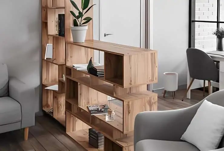 Wooden bookcase in interior of modern living room