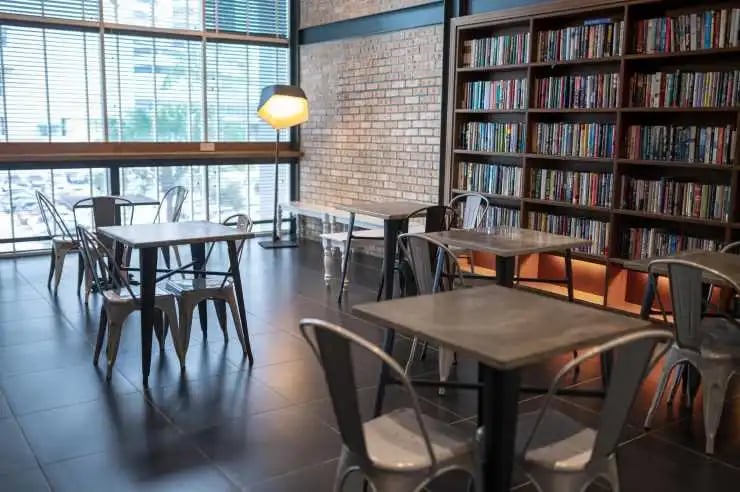 bookshelf in a coffee shop