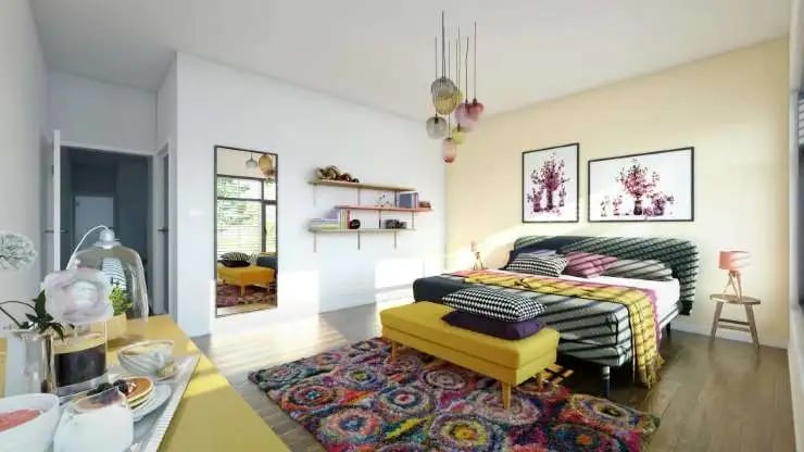 colourful patterns carpet in bedroom