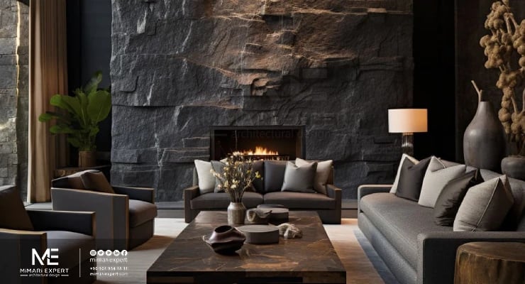 ديكور داخلي لغرفة المعيشة باستخدام الحجر