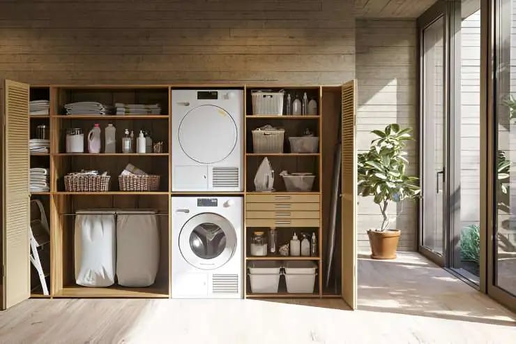Modern Laundry Room With Washing Machine while the sun shines in the room