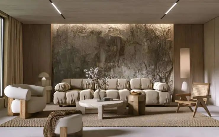 Natural Mountain Rock Wall in modern living room interior