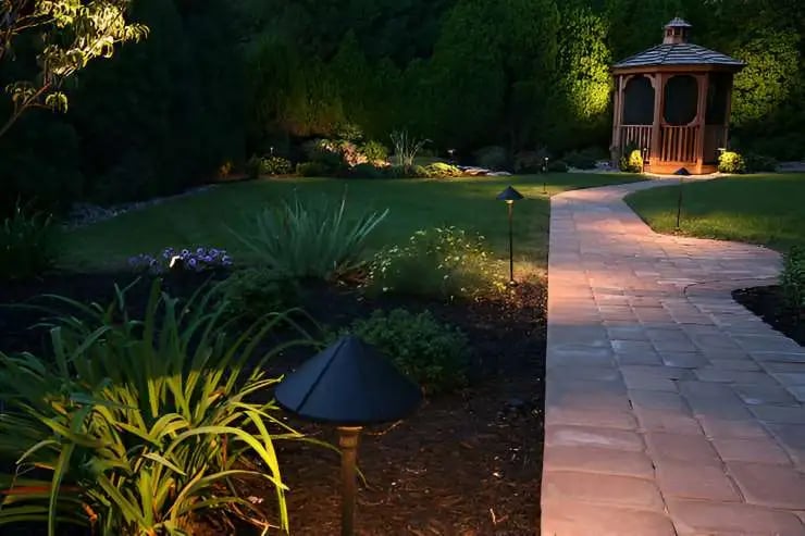 dusk in the landscaped garden light path