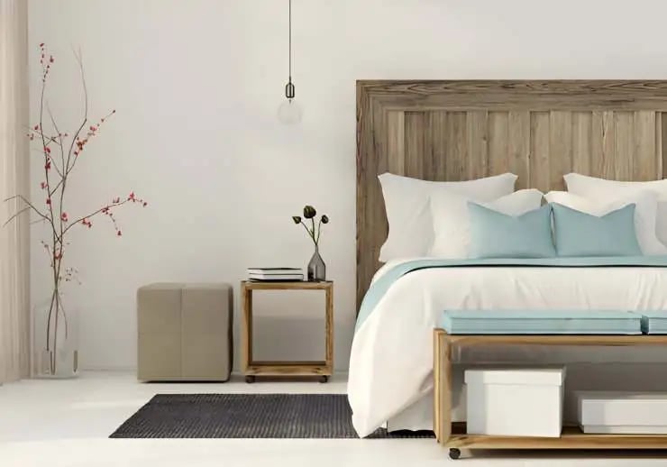 bedroom in a minimalist style with wooden furniture
