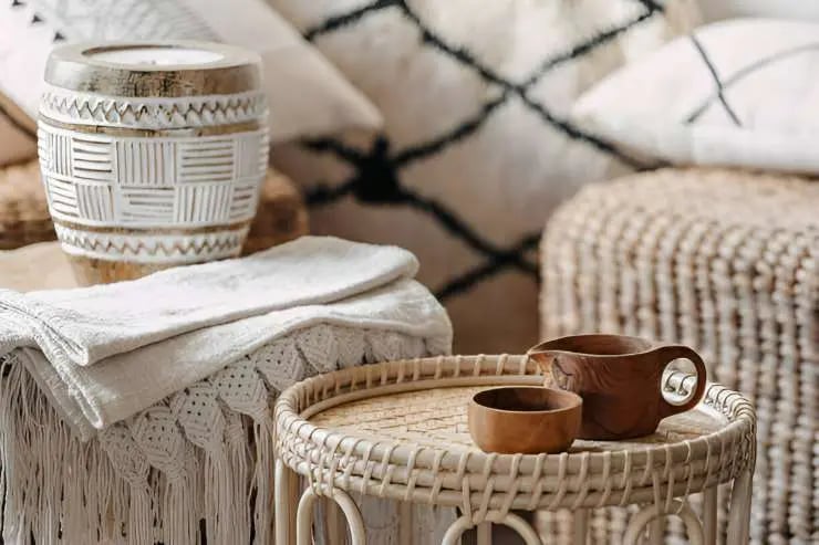 wicker coffee table standing in living room