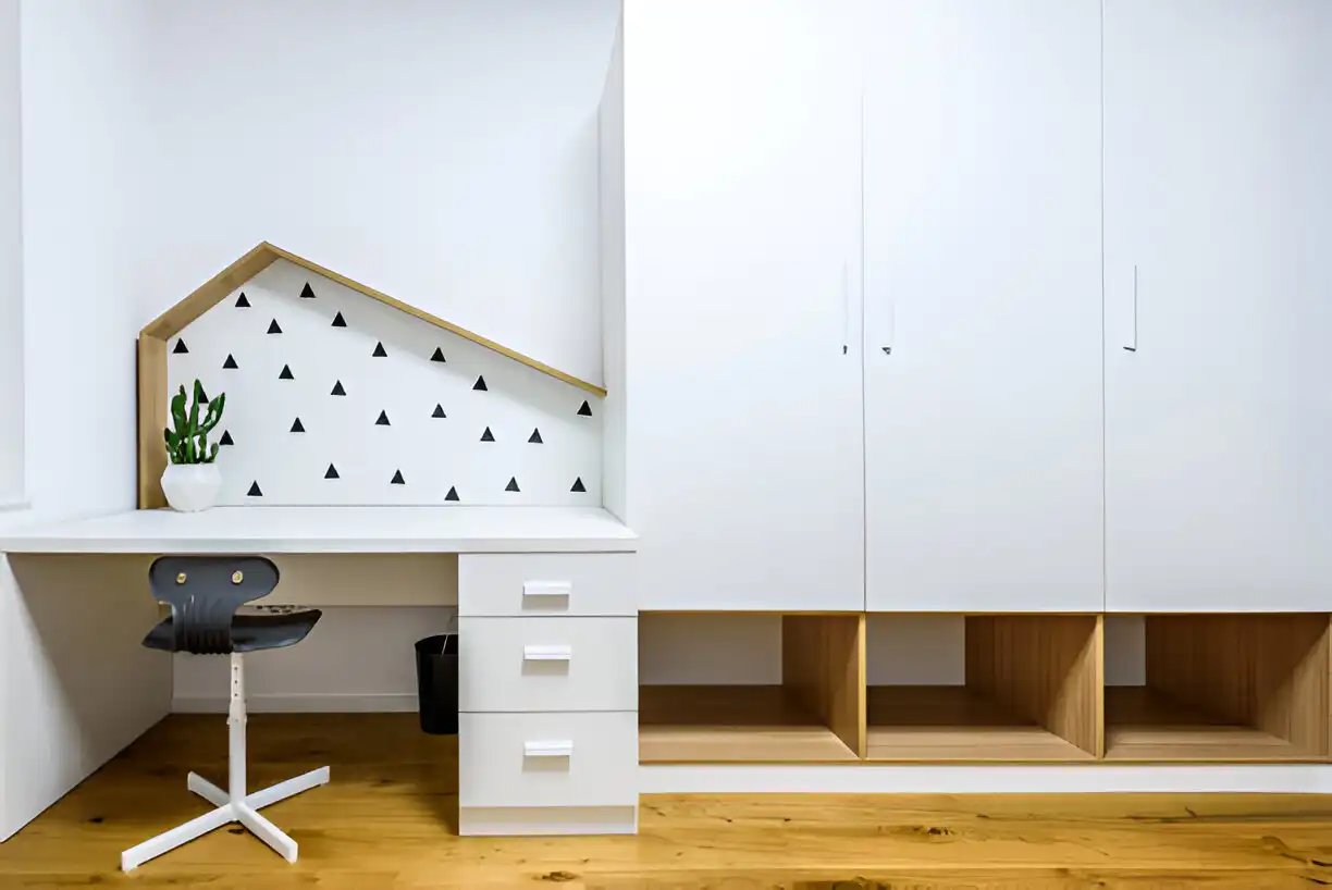 Modern children play room with bed and study desk