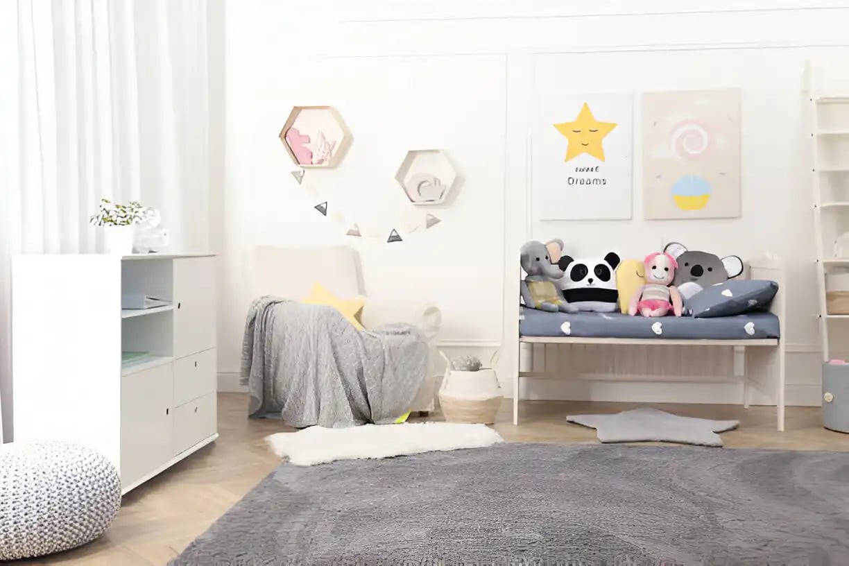Child room interior with toys and stylish furniture
