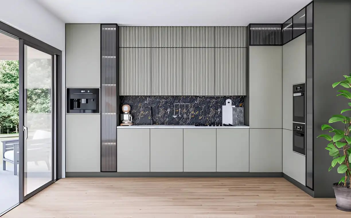 Modern green kitchen with a space