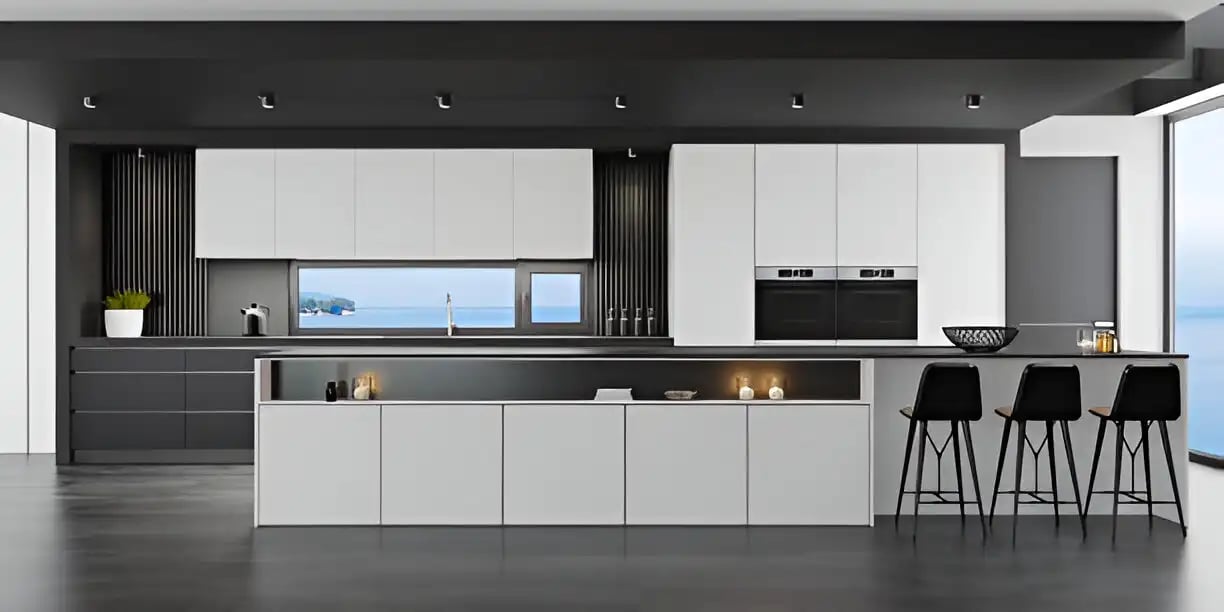 Luxurious matte black and white minimalist Italian style kitchen