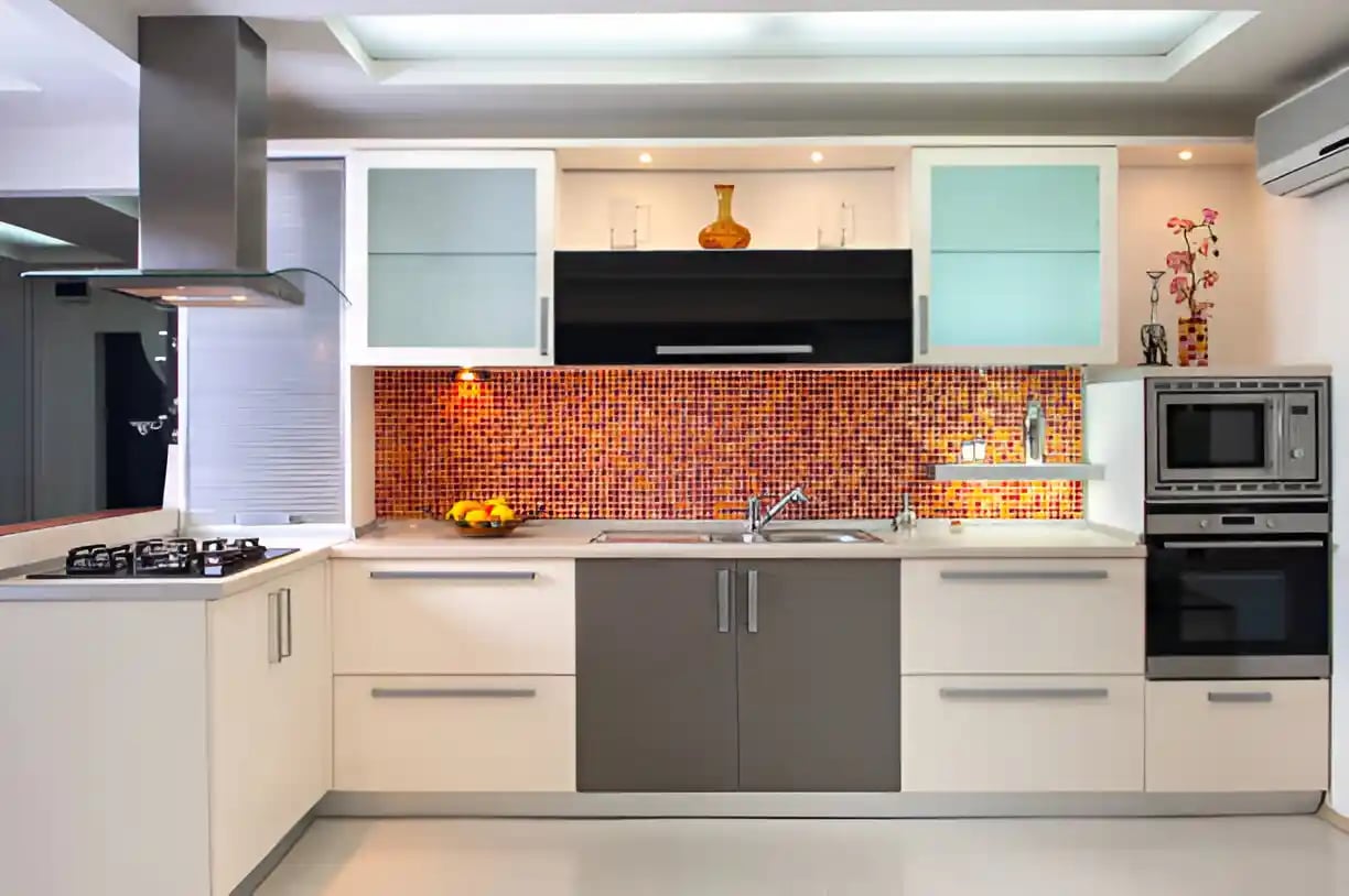 Modern Kitchen with mosaic backsplash